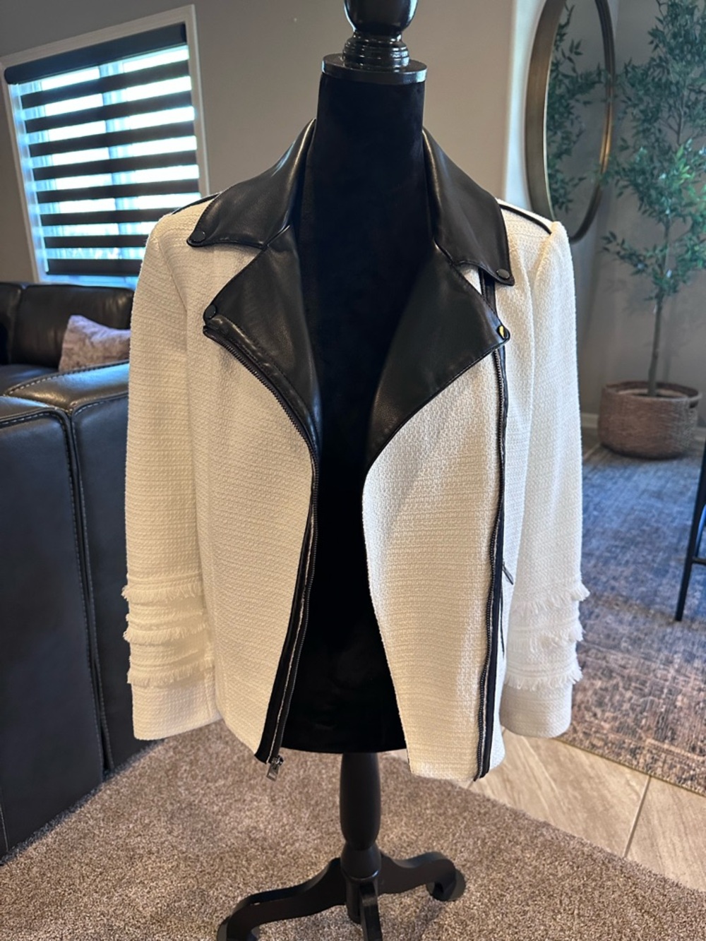 Chico's White Tweed Jacket with Black Faux Leather Moto Trim